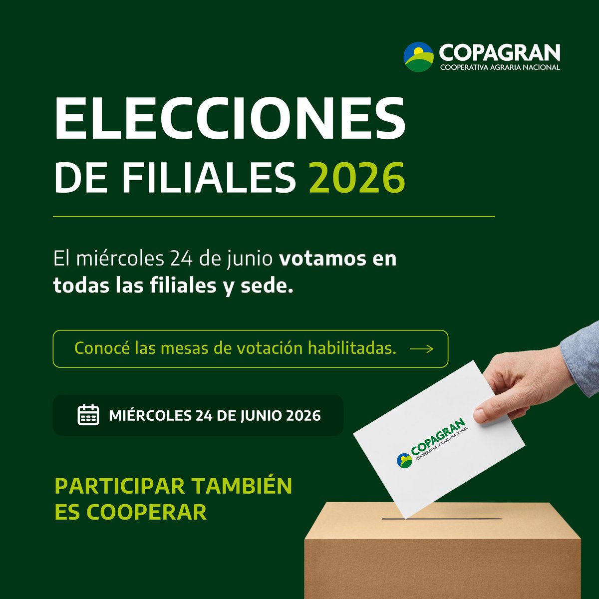 CopagranUy's tweet photo. El miércoles 24 de junio se realizan las Elecciones de Filiales 2026. 🗳️

Deslizá y encontrá las mesas de votación habilitadas.

📅 Miércoles 24 de junio de 2026

🤝 Participar también es cooperar https://t.co/rQq16KPFRM