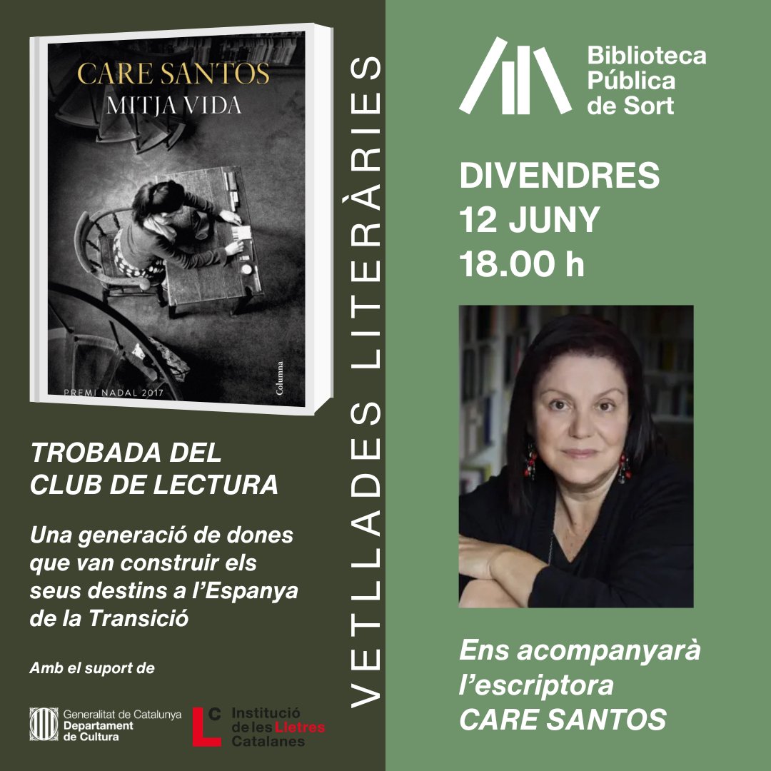 bibliosort's tweet photo. 📖 Recordeu, aquest divendres club de lectura amb Care Santos i la seva novel·la "Mitja vida", Premi Nadal 2017

📅 Divendres 12/6, a les 6 de la tarda (18h)

🫶🏻 Amb el suport @lletres en la línia d'ajut al foment del contacte de lectors i autors

ℹ️ +info https://t.co/m8mj9kIKpr https://t.co/S4RK26qVBu