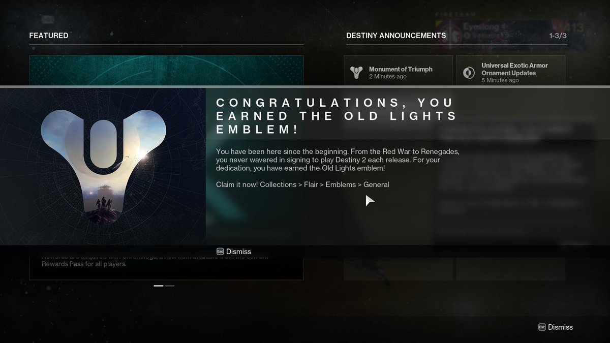 isaac_long20's tweet photo. logged on to Destiny 2 just long enough to get this screenshot then get kicked cause servers got throttled, happy to wait cause I don't want it to be over just yet https://t.co/e3iH6LU9Xy