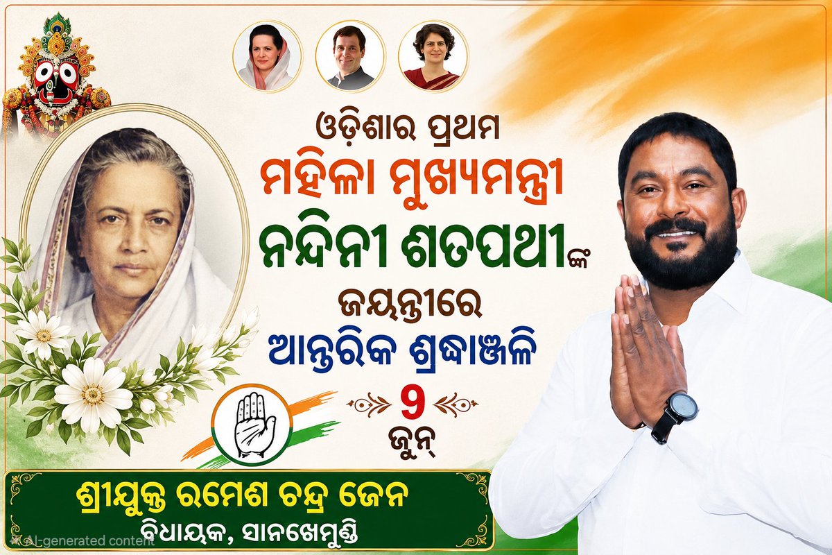 RAMESHCH_JENA's tweet photo. ଓଡ଼ିଶାର ପ୍ରଥମ ମହିଳା ମୁଖ୍ୟମନ୍ତ୍ରୀ •✓ ସ୍ବର୍ଗତ ନନ୍ଦିନୀ ଶତପଥୀଙ୍କ ଜୟନ୍ତୀ ଅବସରରେ ତାଙ୍କୁ ଜଣାଉଛି ଭାବପୂର୍ଣ୍ଣ ଶ୍ରଦ୍ଧାଞ୍ଜଳି। 🙏🌹
ନାରୀ ସଶକ୍ତିକରଣ, ସାହସୀ ନେତୃତ୍ୱ ଏବଂ ଜନସେବା ପ୍ରତି ତାଙ୍କର ଅବଦାନ ସଦା ସର୍ବଦା ଓଡ଼ିଶାବାସୀଙ୍କୁ ପ୍ରେରଣା ଯୋଗାଇବ। ତାଙ୍କ ଆଦର୍ଶ ଓ ଚିନ୍ତାଧାରା ଆଗାମୀ ପିଢ଼ୀ ପାଇଁ ମାର୍ଗଦର୍ଶକ ହୋଇ ରହିବ।
ଶତ ଶତ ନମନ। 🙏
#NandiniSatpathy #Jayanti #Tribute #Odisha #WomenLeadership  #Respect #Congress