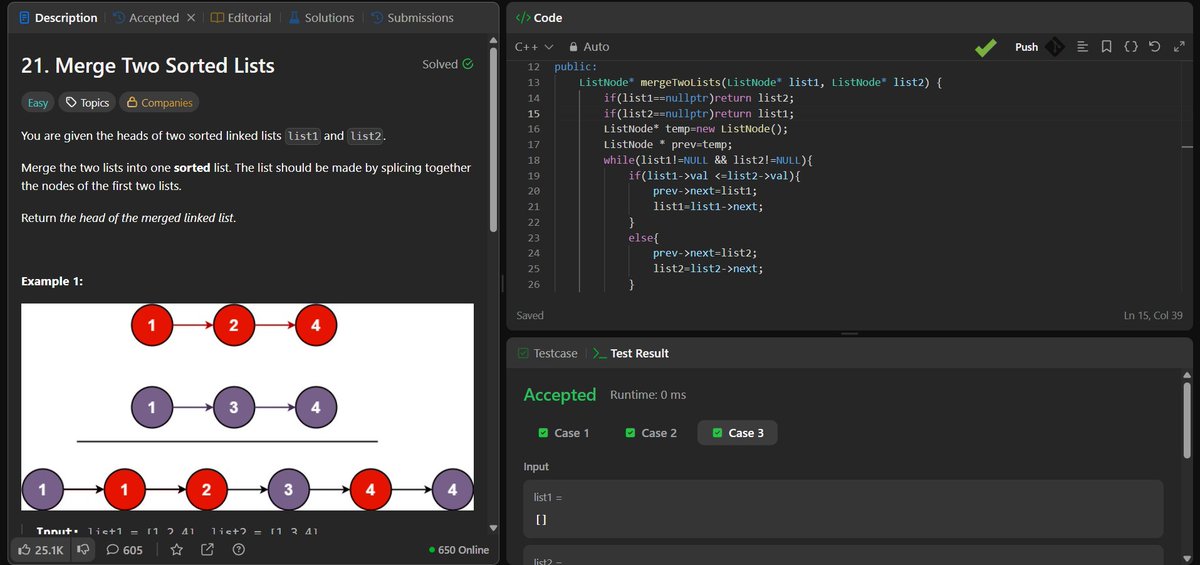 thevasishth's tweet photo. Day 9/45 of #SDESheetChallenge, Linked List started today, solved the basic 3 questions, merging was diffucuclt tho  [for me ;( ] , hope LL will be easy for me with time.
@striver_79 @takeUforward_ 
#DSA #LeetCode #cpp https://t.co/TUmG9QJRD2