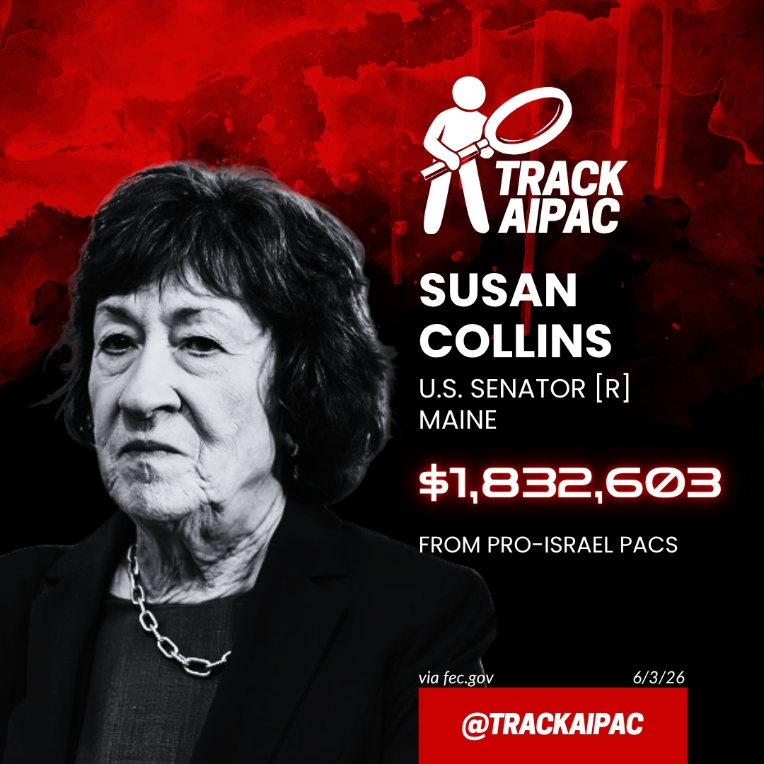 TrackAIPAC's tweet photo. @SenSusanCollins Susan Collins supports US-backed forever wars for Israel. https://t.co/r5uSbnvobW