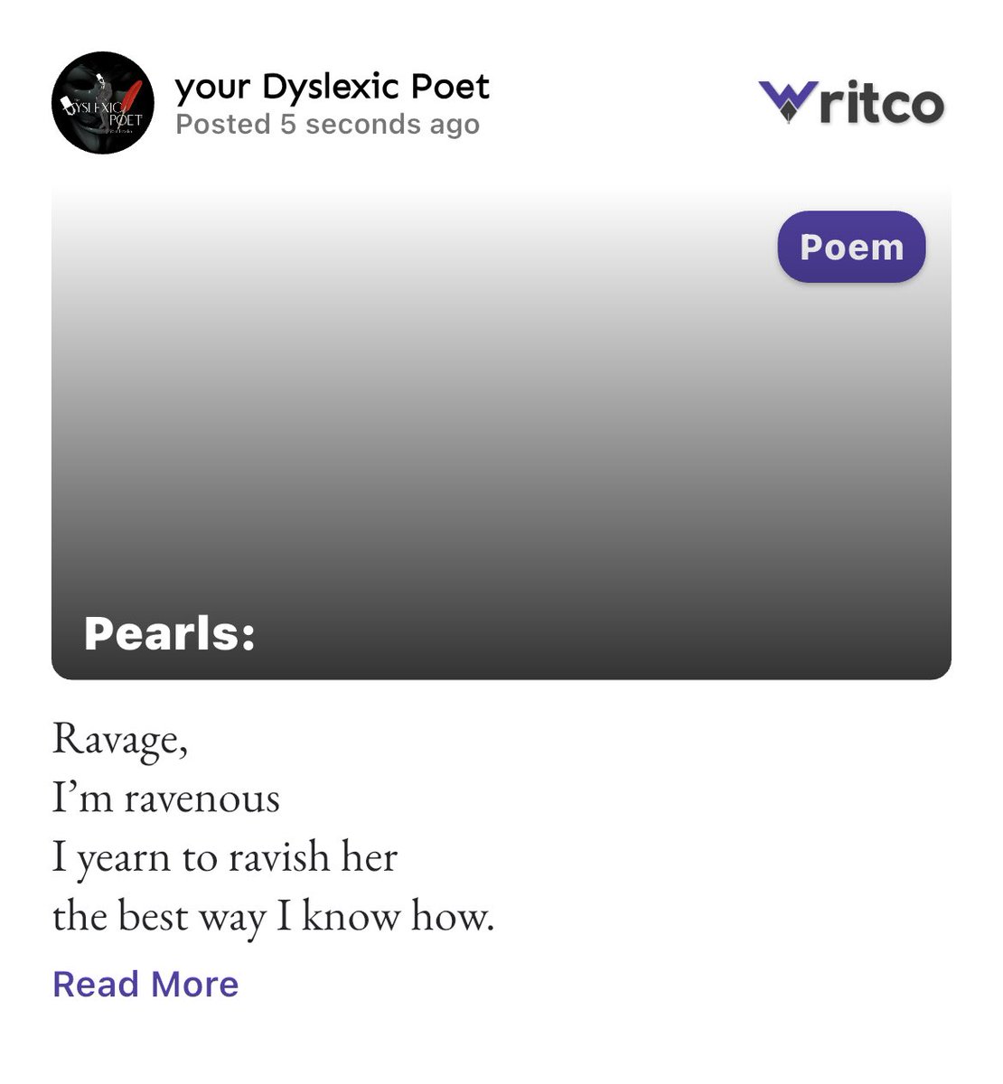 Luv_Sexy_Poet's tweet photo. Pearls:
Ravage,
I’m ravenous
I yearn to ravish her
the best way I know how.
Hungering for her naked skin….
Check out complete Poem on Writco by your Dyslexic Poet
https://t.co/Ugvc3apFgi
👉 https://t.co/N6NW3ADvx7
#Writco #WritcoApp #WritingCommunity https://t.co/N0FHtidKSH