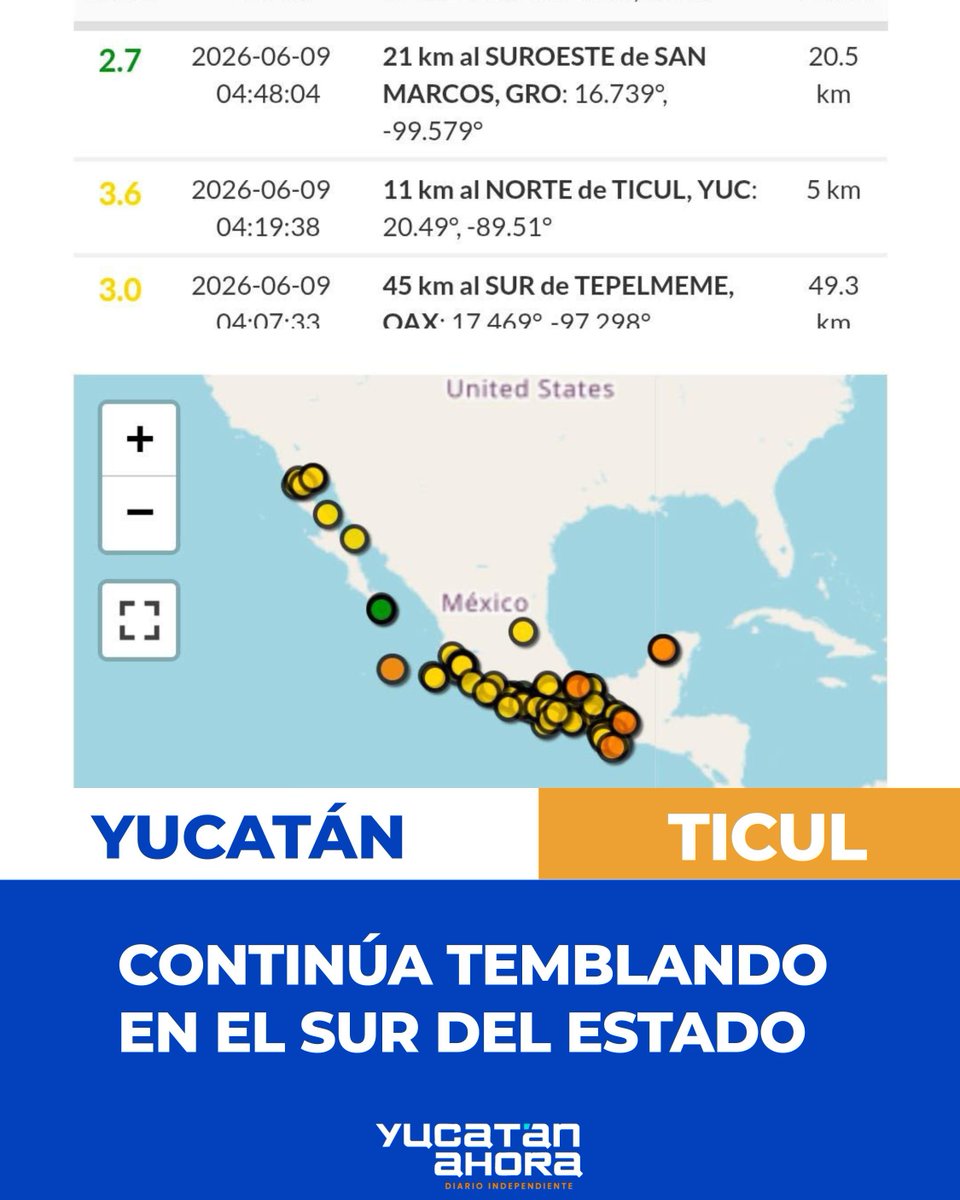 yucatanahora's tweet photo. CONTINÚA TEMBLANDO EN TICUL

#Yucatán | La actividad sísmica continúa en el cono sur del estado. El Servicio Sismológico Nacional (SSN) confirmó un nuevo temblor de magnitud 3.6 registrado a las 4:19 de la madrugada de este martes 9 de junio, con epicentro a 11 kilómetros al norte de Ticul y una profundidad de 5 kilómetros.

Este movimiento ocurre tras el inédito sismo de magnitud 4.2 registrado la mañana de ayer lunes en la misma zona el cual fue percibido en 13 municipios y de forma simultánea con el desalojo de edificios por el fuerte temblor en el Mar Caribe frente a Cuba. 

Habitantes de Ticul reportaron sentir la réplica de esta madrugada durante varios segundos, lo que mantiene en alerta a la población local, aunque las autoridades no reportan afectaciones ni daños estructurales.

Suscríbete a nuestro canal de Youtube 👇
https://t.co/mlzHfSDEKV

#YucatánAhora