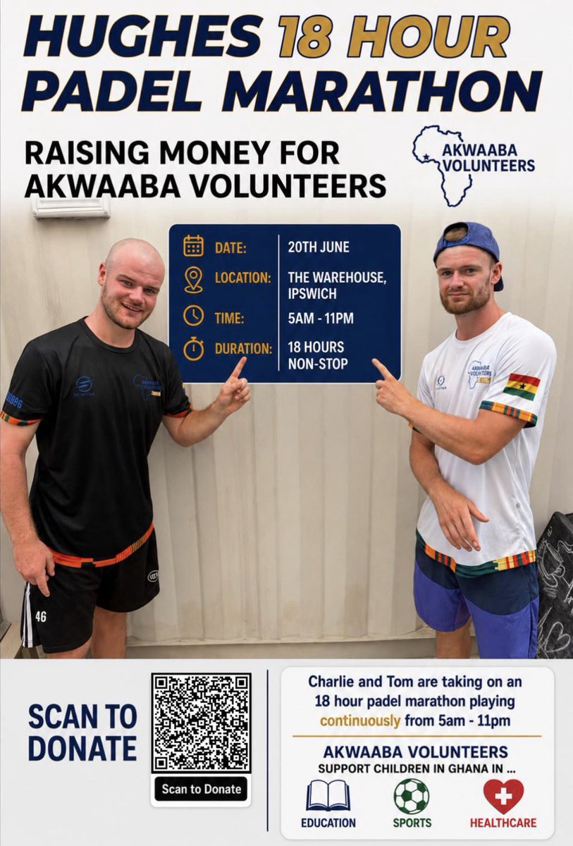 BuryTownFC's tweet photo. 🏓 Tommy Hughes, together with his brother Charlie, will be participating in an 18-hour padel marathon to raise money the Akwaaba volunteers in Ghana. 

Please do give them as much support as you can, big or small. Good luck to you both! 

🔗 https://t.co/NVyHxDLBcv https://t.co/9FMCGTpbxm