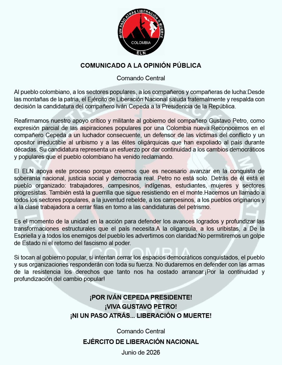 ByViral24's tweet photo. 🔴🇨🇴ATENCIÓN. Grupo terrorista del ELN, anuncia respaldo a Iván Cepeda y amenaza con acciones terroristas el 21 de junio. 

@DeputySecState https://t.co/M2TJSuaWgW