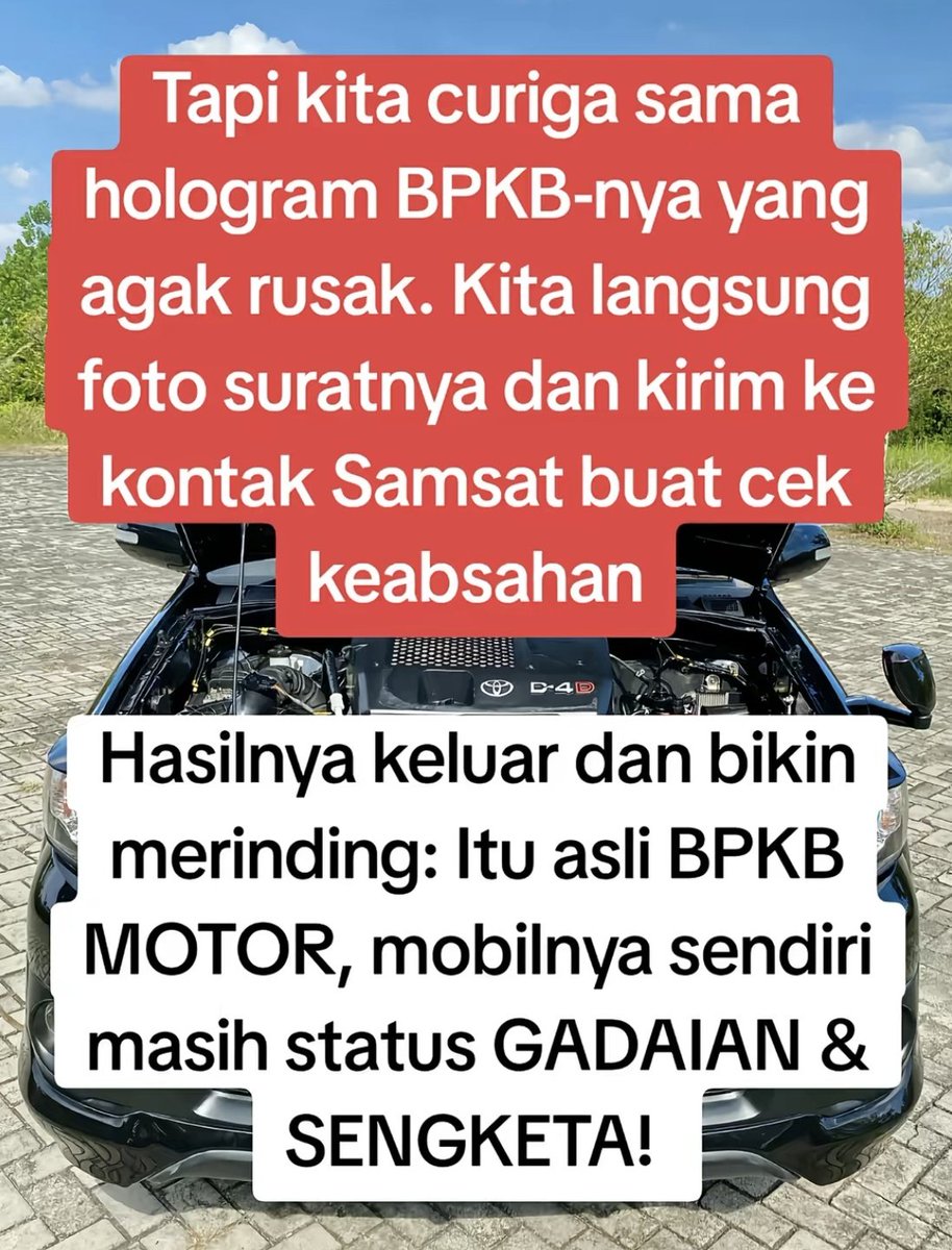 mrtweepsID's tweet photo. Modus Cekcok Rumah Tangga, Pada Jual Beli Mobil

Jujur ane kaget melihat postingan ini disocial-media. Ternyata ragam modus penipuan itu dramatis banget akhir akhir ini.

- jadi ceritanya ada sepasang suami istri, sedang datang ke showroom mobkas bermaksud menjual mobil mereka.
- alasan yang disampaikan ketika ditanya, adalah memamg mau dijual karena sedang urus perceraian dan harta gono gini

- karena alasannya logis, owner showroom pun melakukan inspeksi. 
- Hasil inpeksi memuaskan, dan selanjut si showroom melakukan pengecekan kondisi surat.

- nah pada bagian pengecekan surat, pihak showroom ada melihat sebuah kerancuan pada BPKB.

- mereka berinisiatif langsung cek ke samsat untuk memastikan.

- Dan benar saja, pihak samsat menyampaikan bahwa bpkb yang dicek adalah palsu

- karena merasa kaget, pihak showroom, menkonfrontasi kembali mengatakan bahwa bpkb tersebut tidak diterima.

Gongnya apa?
- sepasang oknum tersebut memulai drama pertengkaran rumah tangga didepan pemilik showroom, sambil masuk kedalam mobil.

Pesan:
Ragam modus yang dilakukan untuk mendapatkan sebuah keuntungan pribadi, diyakini makin banyak. Berharap kedepan, ketika melakukan transaksi apapun. Agar tetap berhati-hati dan bijak dalam bertindak. Waspadalah!

Cr~belimobilbekas