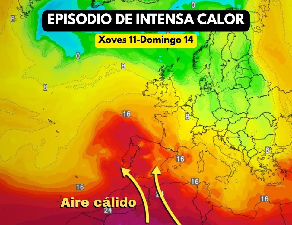 RedmeteoP's tweet photo. 📈 Entre o vindeiro xoves e o domingo, unha masa de aire moi cálido chegará dende o continente africano. Non durará moito pero deixará uns días de intensa calor con valores de máis de 35°C en moitas zonas, especialmente do interior e centro. https://t.co/GgS3rZSj0Z