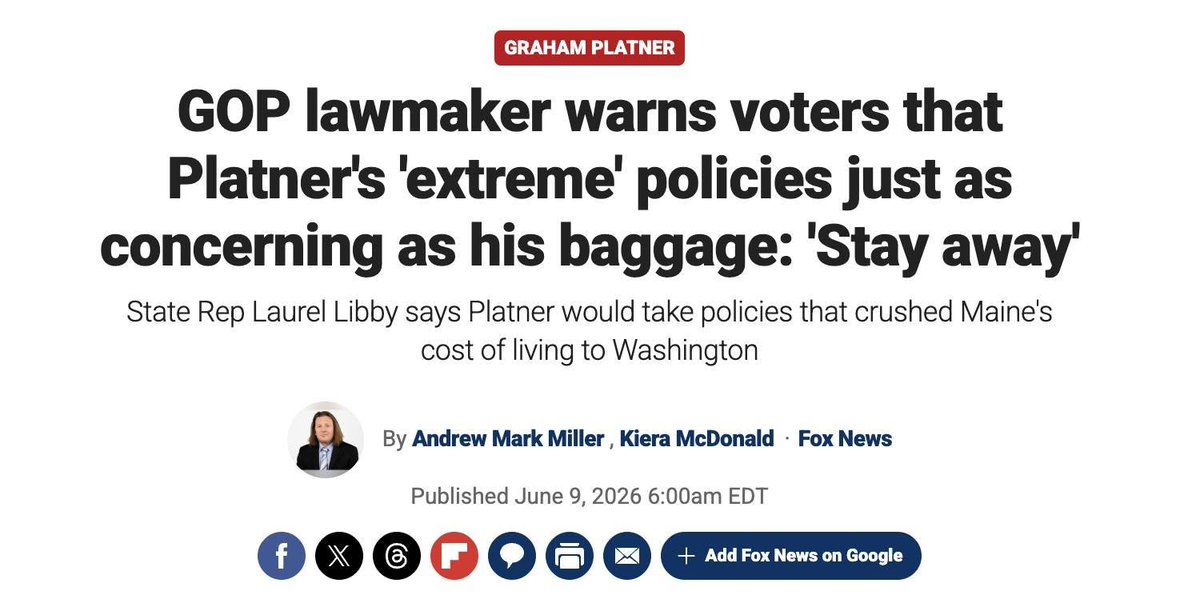 laurel_libby's tweet photo. "Libby told Fox News Digital that it 'doesn’t surprise me' Democrats are poised to nominate Platner, despite his laundry list of controversies that critics have seized on, because Maine has been led by the 'same kind of extremism' for eight years as the party controls the governor’s mansion and legislature.

'We have seen 32 new or increased taxes, we’ve seen all of our overall cost of living increase and so Graham Platner has sprung out of that and is looking to take those same policies to D.C., harming not just Mainers but folks across the country,' Libby said. 'I think he's tremendously dangerous, and we can't have him in the Senate.'"

Read more from @AndyMarkMiller and @FoxNews: https://t.co/M2noNiARMR