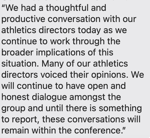 RossDellenger's tweet photo. Big 12 commissioner Brett Yormark's statement after league AD meetings today. https://t.co/diSk87UOW5