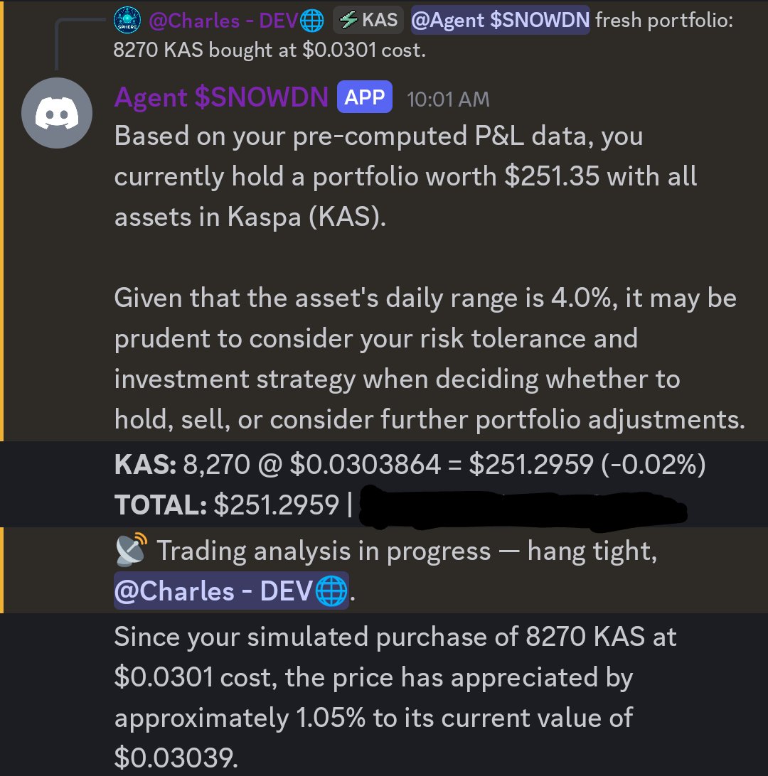 kaspaspheredao's tweet photo. Autonomous AI Agent $SNOWDN on Kaspa continues to evolve.

Charting 7-day or 30-day, daily average volatility ranges on assets, calculating P&amp;L% Data and more!

Join the Alpha Experience at https://t.co/1bjPwJUdgy in the KaspaSphere DAO discord server!

$KAS
$SPHERE https://t.co/UqRqVqCbrp