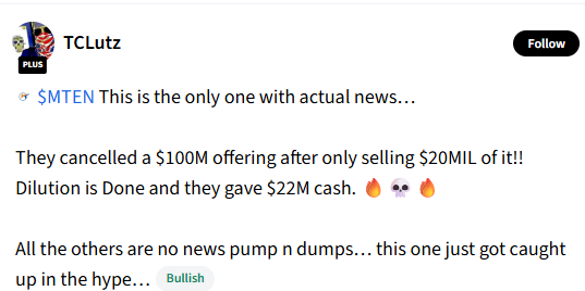 GregMusk2026's tweet photo. @moonmarket Yes, but there is one that is one that actually has news, $MTEN. Major correction dUE om $MTEN - This guy has 30k followers https://t.co/DMy8U36mTY