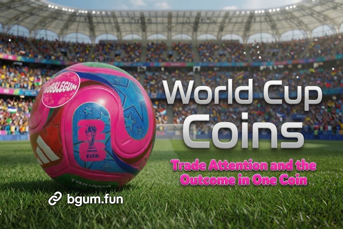 Bubblegumdotfun's tweet photo. A lot of World Cup projects and coins launching…. but none are designed to capture value of teams winning 💸

or solve liquidity 🤔

Bubblegum World Cup Coins are launching just in time for the games on June 11th 🏁

On https://t.co/dETe7I8OLm , every coin created is backed by its own prediction market

You can trade the coin like a regular memecoin, but also earn more of that coin by winning the attached prediction market. On top, market fees flow back to creators and into the winning holders.

Every coin , every prediction , goes viral, and becomes it’s own self-sustaining loop.

The $Ticker trades the attention , the prediction market backs the $Ticker

All fused into one 🧬