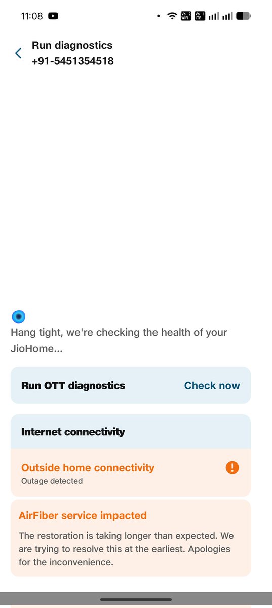 nsky80's tweet photo. @JioCare Hi folks, are we going to have any solution for this problem? It's been more than a week with this high jitter and slow speed. I'm not able to raise a ticket since it is showing outside outage. Should I go ahead with the recharge of next cycle due in 3 days? Or leave it? https://t.co/z9bvzAFjLO