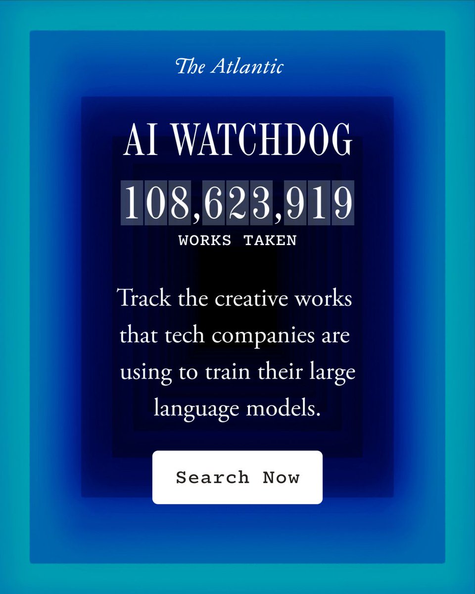 TheAtlantic's tweet photo. Jane Austen. Spike Lee. MrBeast. “Modern Family.” The Atlantic’s AI Watchdog search tool lets you see which creative works tech companies may have used to train their generative-AI models:  https://t.co/ge5MLzSR2l https://t.co/z8PhRKL6IV