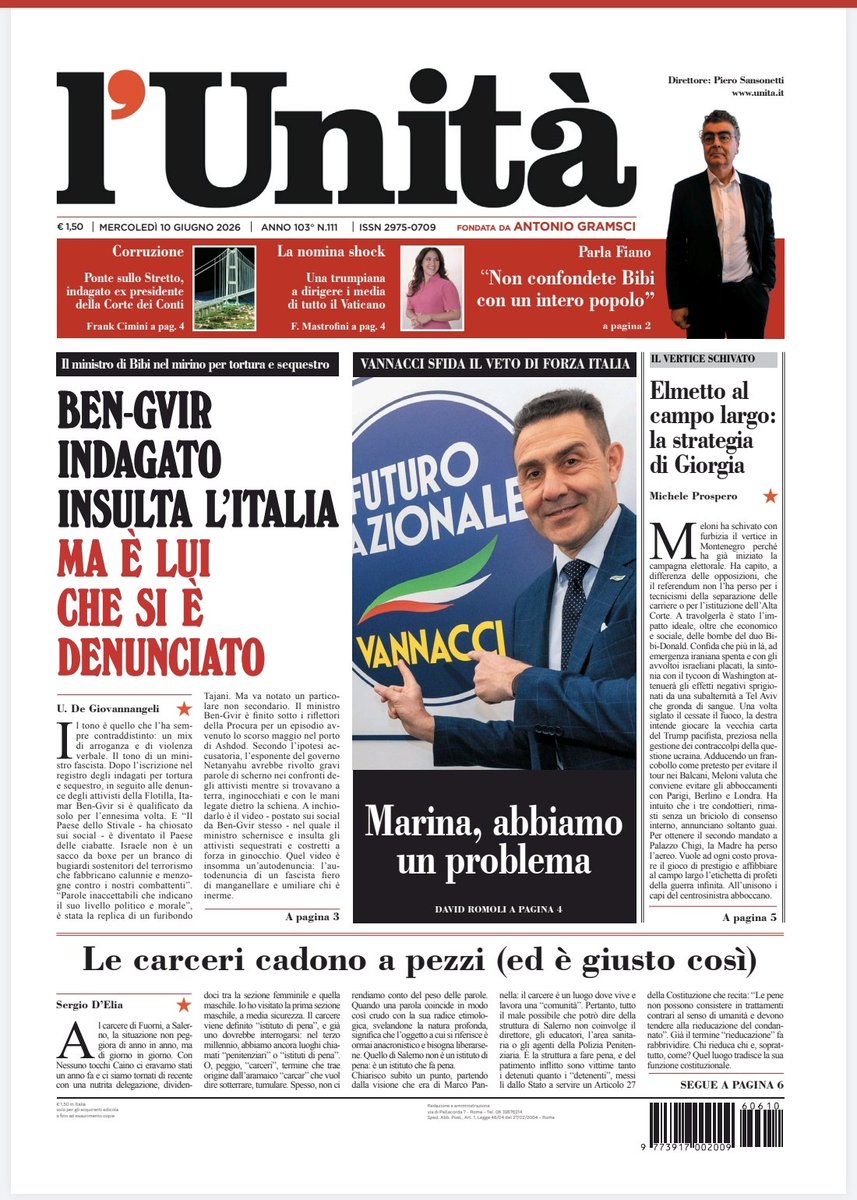unitaonline's tweet photo. 📰 La prima pagina dell’#Unità del #10giugno

Abbonati subito: https://t.co/bn0tIxKrNi https://t.co/BN7KC8LcFb