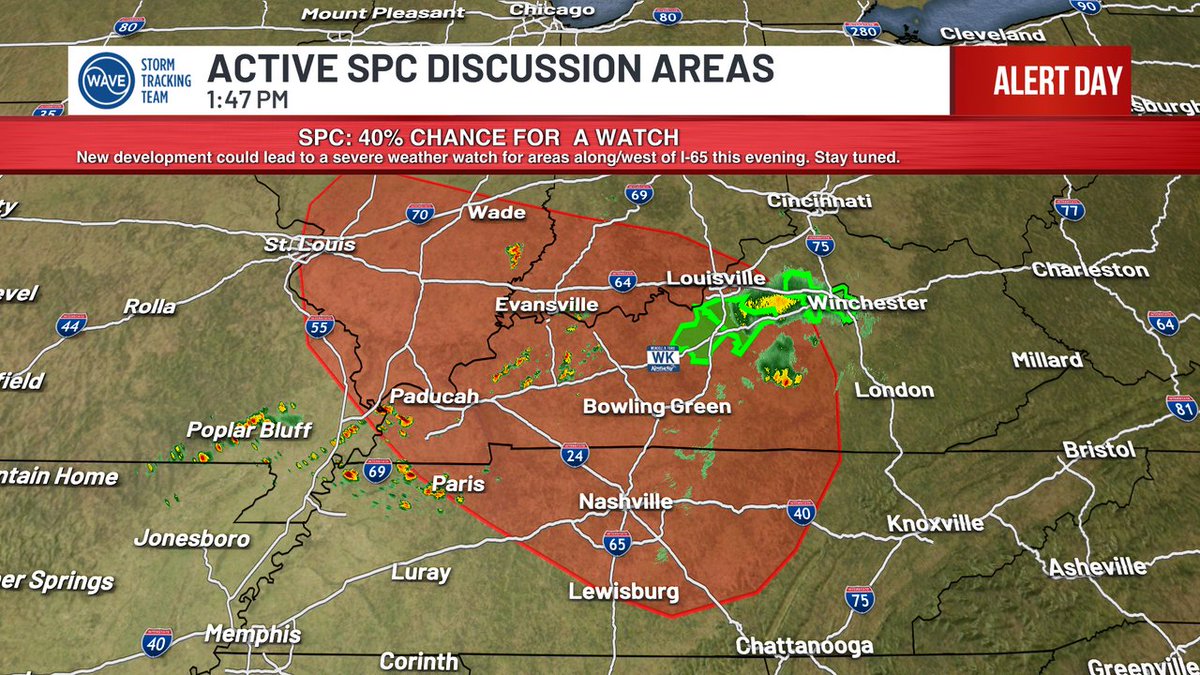 BGoodeWAVE3's tweet photo. SPC: 40% Chance of a severe weather watch getting issued this afternoon to cover the storms develop just west of I-65. We will keep you posted. https://t.co/3WSLkyI3bH