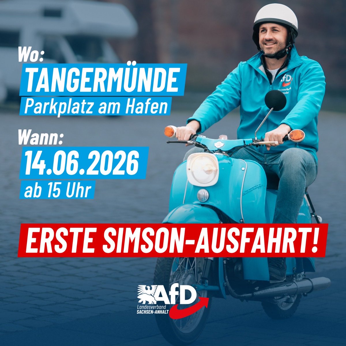 AfD_LSA's tweet photo. Am Sonntag (14.06.2026) ist es soweit - gemeinsam mit Ulrich Siegmund starten wir unsere erste Simson-Ausfahrt der #Vision2026! 

Wir treffen uns um 15 Uhr in Tangermünde am Hafen. Nach einer Stärkung mit Bratwurst & Getränken geht es für ca. 40km auf Tour, bis wir schließlich wieder am Hafen eintrudeln. 

Eure Fahrzeuge könnt ihr gerne mit 🇩🇪-Fahnen schmücken & auch andere historische Mopeds dürfen mitfahren. 

Unsere Simson-Touren werden wir in allen Ecken (Nord, Süd, Ost, West) Sachsen-Anhalts durchführen. Die Termine findet ihr bereits jetzt im Video, alle weiteren Details folgen in Kürze. ☺️

#AfD #SachsenAnhalt #Simson #Siegmund