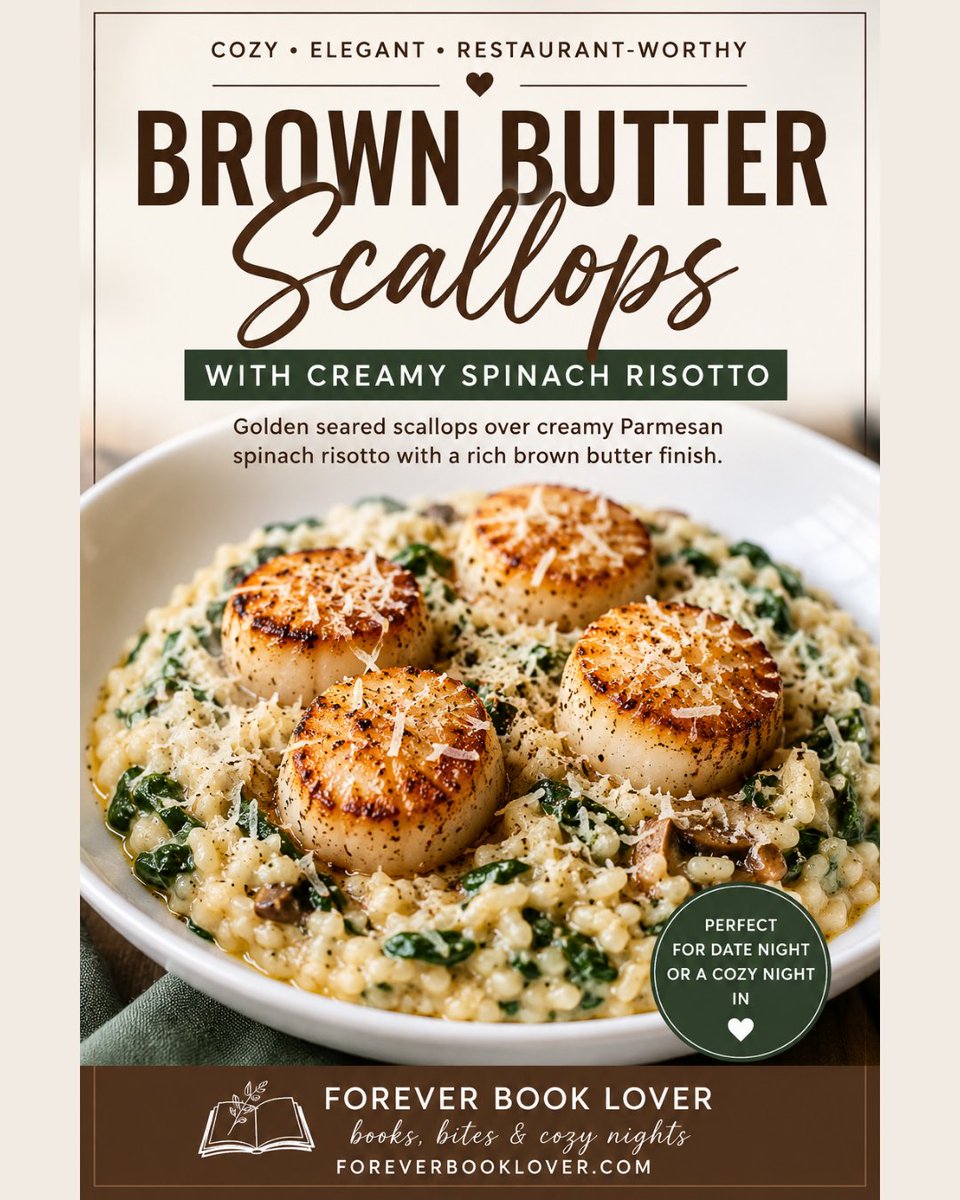 Foreverbklover's tweet photo. Brown Butter Scallops with Creamy Spinach Risotto 
Golden seared scallops, creamy Parmesan risotto, and rich brown butter make this cozy dinner feel restaurant-worthy at home.

Perfect for date night or a quiet evening with a good book.
https://t.co/q9qOsytpUk https://t.co/xcsauQ0oo6