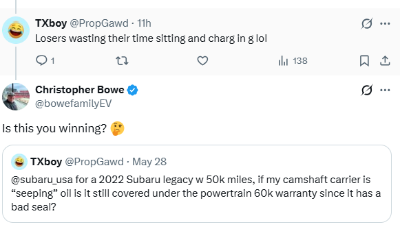 bowefamilyEV's tweet photo. For all the "winners" who are still driving gas and love to leave me their comments of love and support. I will look at your receipts just say'n ... https://t.co/5dZzbOlZyf