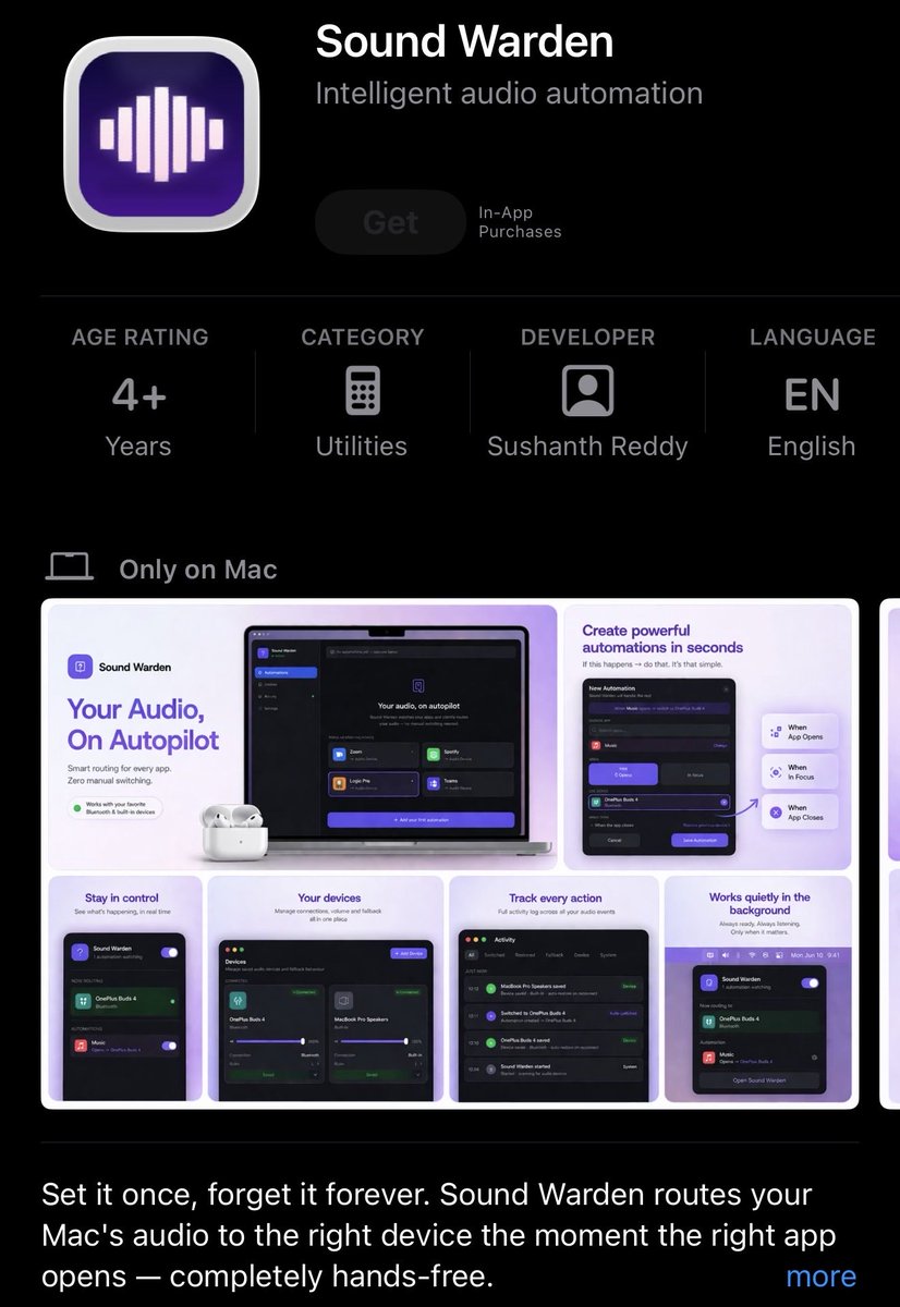 astrolabs21's tweet photo. Open Zoom → audio still on speakers. 😐
Open Music → forget to switch to headphones. 😐
Close Zoom → audio stays wherever it landed. 😐

macOS doesn't fix this. I did.

Sound Warden routes audio automatically per app. 🔊

#MacPowerUsers #BuildInPublic https://t.co/BFbNtyKfwZ