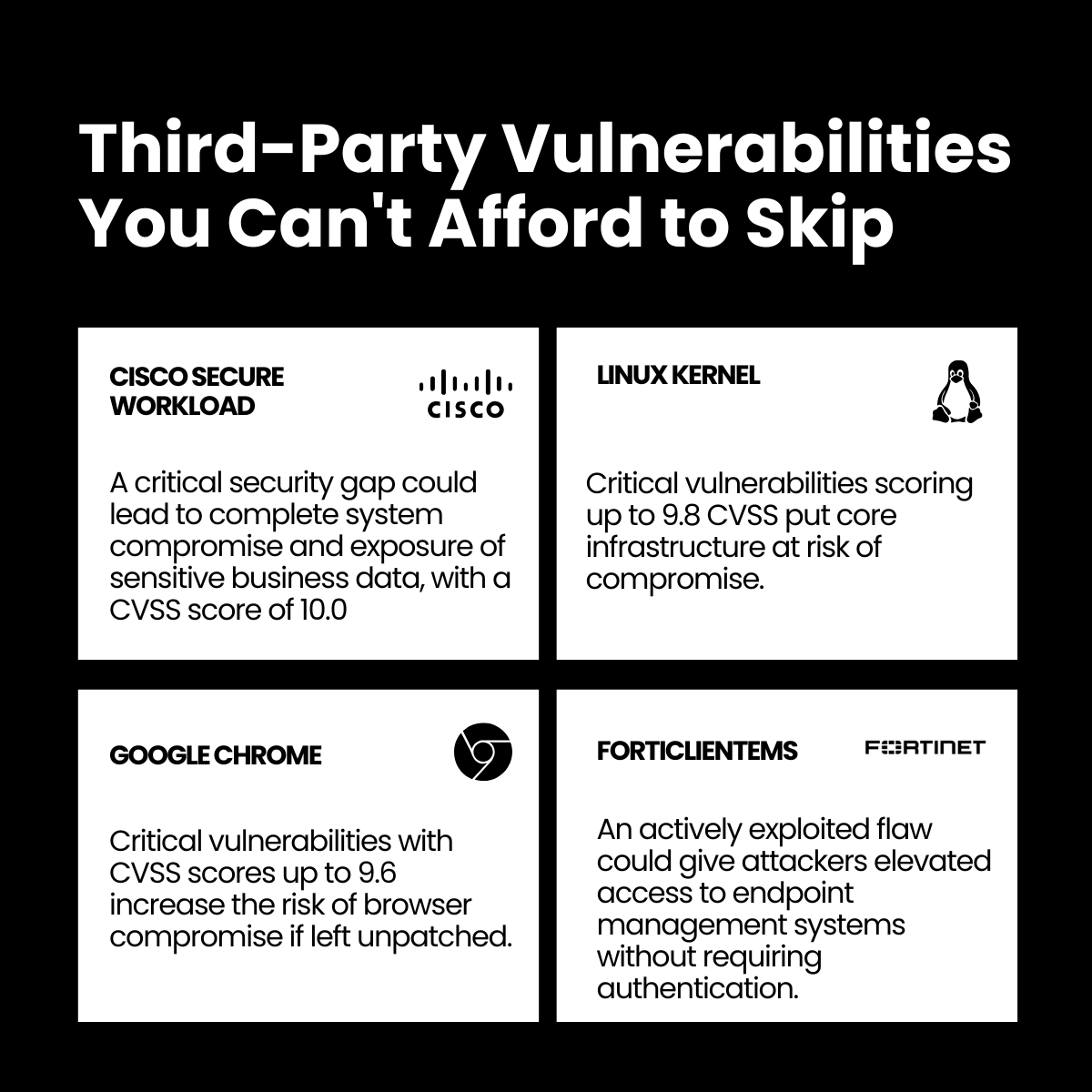 Action1corp's tweet photo. Patch Tuesday just dropped 👀

Microsoft's June release includes 198 vulnerabilities, with 32 critical flaws and 3 zero-days already keeping security teams busy.

But this month's patching story goes well beyond Microsoft.

We're tracking a CVSS 10.0 vulnerability in Cisco Secure Workload, 34 Linux Kernel vulnerabilities with scores reaching 9.8, 250+ Google Chrome CVEs, and an actively exploited FortiClient EMS flaw. And that's just a few of the third-party updates covered in this month's analysis.

 We've cut through the noise to highlight the vulnerabilities, updates, and patches that deserve attention first.

🔍 Full prioritized breakdown → https://t.co/sbVk0tQx1d
🎙️ Want the live walkthrough? Join the Action1 Patch Tuesday webinar as our experts break down the key risks and patching priorities. https://t.co/IzJBLk6SmW

#Action1 #PatchTuesday #Patching #PatchManagement