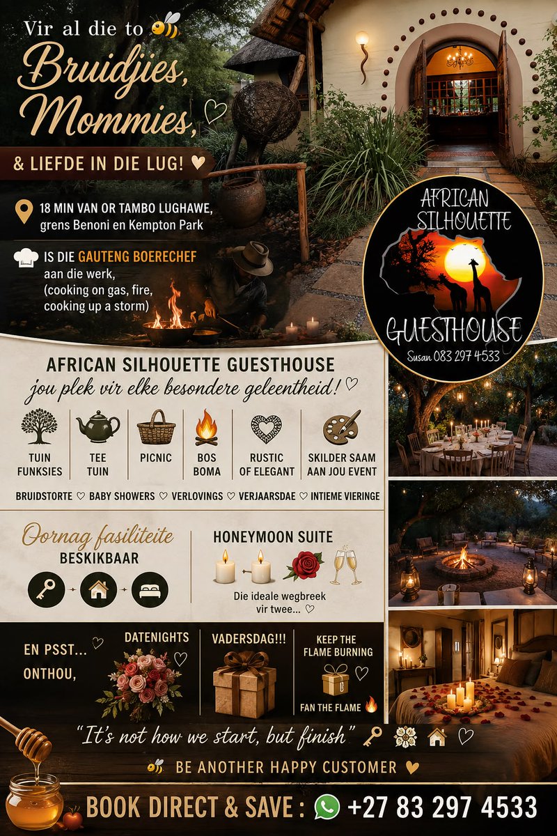 SusanGValentine's tweet photo. πΏπ BRUIDJIES, MOMMIES & LIEFDE IN DIE LUG! ππΏ
π₯π¨βπ³
π‘ African Silhouette Guesthouse
2783 297 4533
#AfricanSilhouetteGuesthouse #DateNight #Vadersdag #Boerechef #Benoni #KemptonPark #WeddingVenue #BabyShowerVenue #Guesthouse #RomanticGetaway #BookDirectAndSave https://t.co/RqSt68uWf4