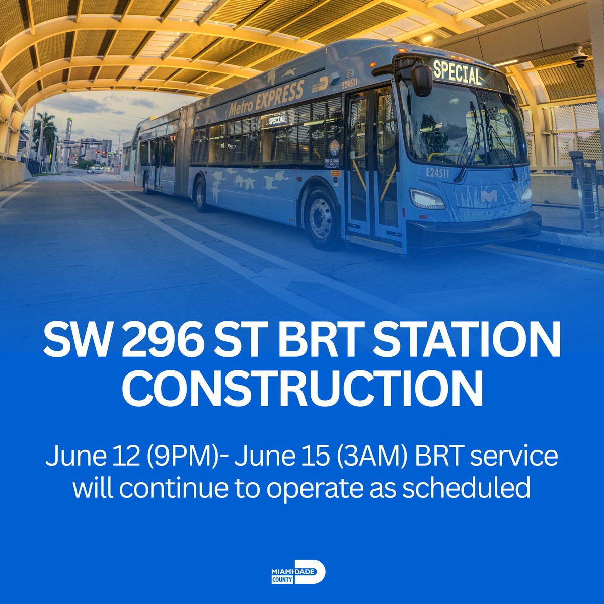 IRideMDT's tweet photo. SW 296 ST BRT STATION CONSTRUCTION
June 12 (9 PM) – June 15 (3 AM)
Service Continues as Scheduled

🚧 Construction work is scheduled at the SW 296 Street BRT Station from Friday, June 12 at 9 p.m. through Monday, June 15 at 3 a.m.

✅ BRT service will continue to operate as scheduled.
Please allow a little extra time when traveling through the station and follow posted signs while work is underway. 

Thank you for your patience.

#MiamiDadeCounty #OurCounty #RiderAlert