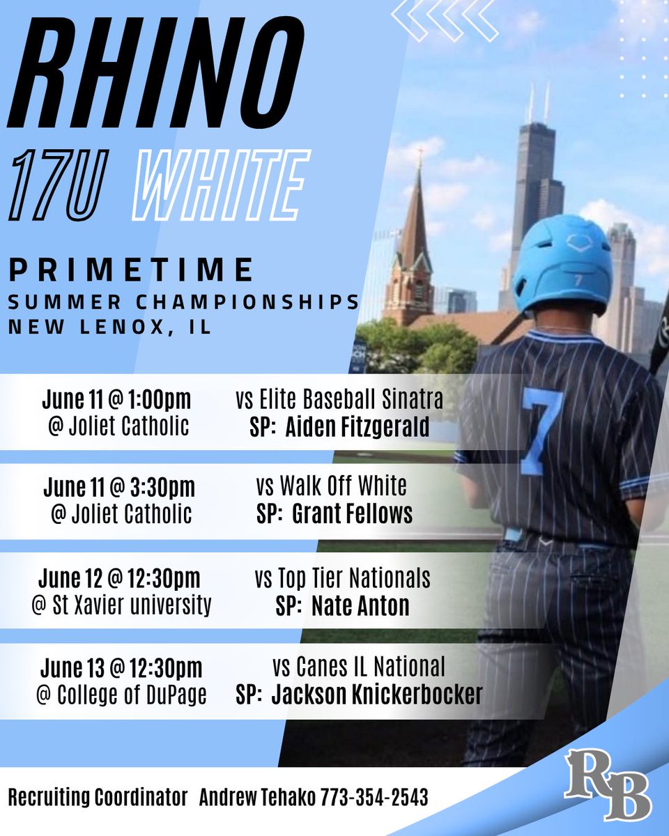 RhinoBaseball's tweet photo. 🚨🚨SCHEDULE &amp; ROTATION 🚨🚨

17u White
Primetime Summer Championships
Joliet, IL https://t.co/MTmsRzqufi