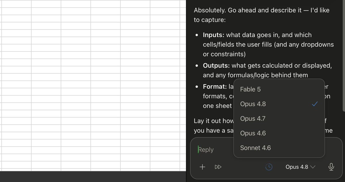 ecorkran's tweet photo. Wow!  Of all the places for it to appear, I see Fable 5 first in...Claude for Excel?  Not in Claude Code (at least the VS extension), not in Claude desktop. https://t.co/fUsMKOnEvR