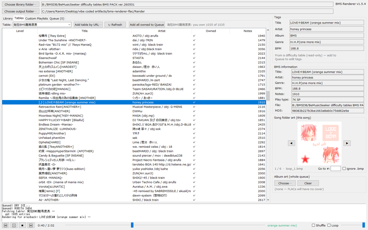 nyannurs's tweet photo. I've been vibe coding this program that fills in a gap between BeMusicSeeker and bmx2wav. It's called BMS Renderer, you can make custom playlists, load tables, listen to music with near-gapless playback and manually tag, assign album art, and render songs to FLAC, OGG, or WAV https://t.co/DWTeROhJO7