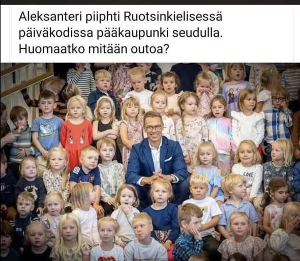 HarriLehtimaki's tweet photo. Missä tummaihoiset lapset? Vai eikö niitä päästetä ruotsinkielisiin päiväkoteihin? Missä tasa-arvo? https://t.co/T6hOMV0rwN