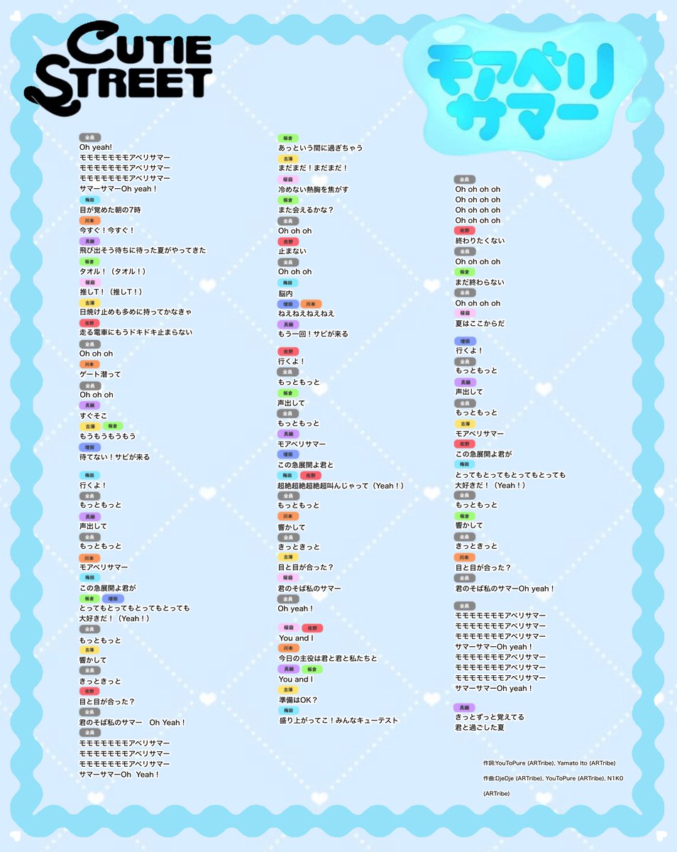 Kurumi01_02's tweet photo. モアベリサマーの歌割り出てなかったから公式風に作ってみたんだけどどう？

#きゅーすと #きゅーてすと #CUTIESTREET https://t.co/FSJwLZlvMR