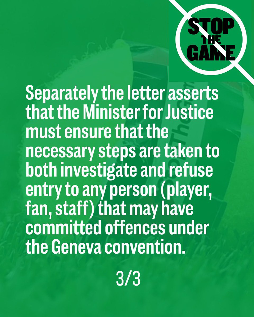 Sport4Palestine's tweet photo. Stop The Game Campaign has issued legal pre-action to the FAI, Sport Ireland, Minister for Sport, and Minister for Justice for their failure to stop the proposed Ireland v Israel fixtures in September and October 2026. 

#stopthegame #stopancluiche https://t.co/z7uDdoINSv