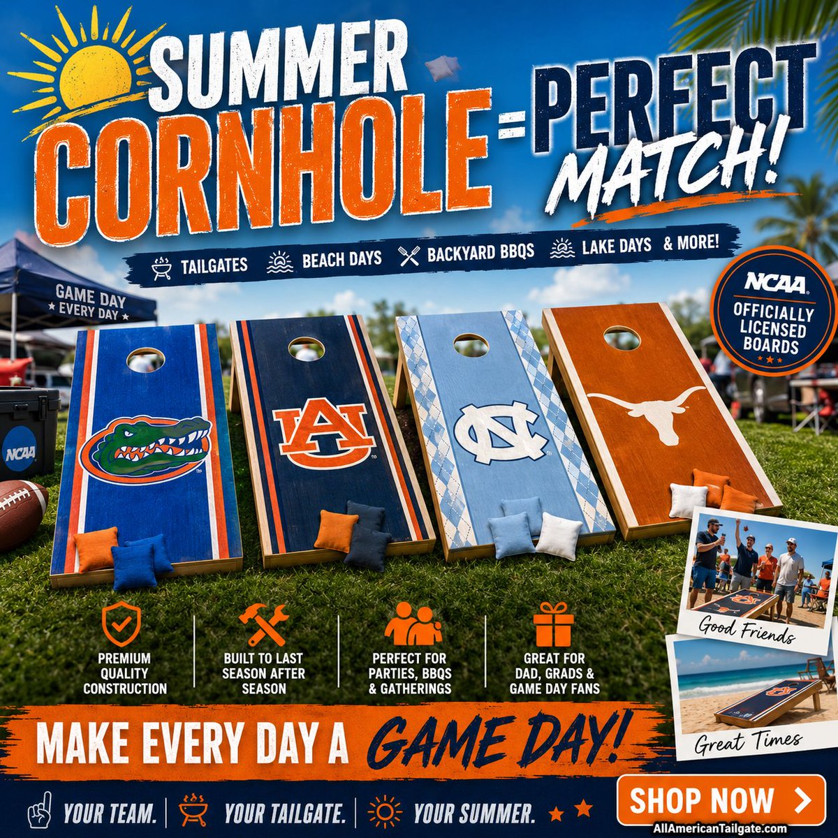 AllAmericanTail's tweet photo. ☀️ SUMMER TAILGATE SEASON IS HERE! 🏈🌽

🔥 Rep Your Team All Summer Long! 🔥

Whether you're headed to the beach, campground, backyard BBQ, lake house, RV resort, or your favorite tailgate spot, custom NCAA cornhole boards are the ultimate summer game.

✅ Officially Licensed NCAA Designs
✅ Premium Quality Construction
✅ Built for Backyard Battles & Game Day
✅ Perfect for Graduations, Father's Day & Summer Parties

🎯 Show your team pride.
🏆 Challenge your friends.
☀️ Make every summer gathering unforgettable.
🏈 Your Team. Your Boards. Your Summer.

🛒 Shop Now and get ready for football season before kickoff arrives!

👉 Shop NCAA Cornhole Boards at https://t.co/wAzmIWBGDa

#Cornhole #NCAAFootball #TailgateSeason #BackyardGames #SummerFun #GameDayReady #CornholeLife #CollegeFootball #Tailgating #AllAmericanTailgate #BeachGames #RVLife #OutdoorGames #SummerParty #NCAA