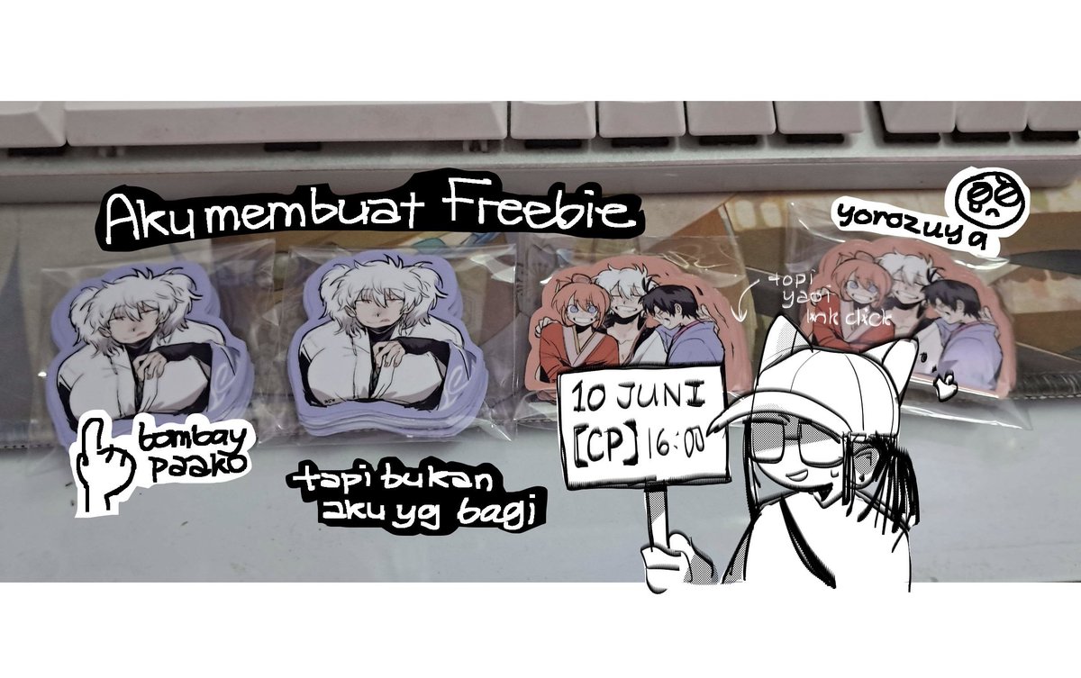 Gintamapess's tweet photo. uho! hai teman teman yang pergi ke CP 10 Juni untuk screening yoshiwara... aku membawa freebies.... ada yang mau? tikel yorozuya dan bombay paako!!! samper aja ya yang pake topi kucing kucing itu >>> https://t.co/gyf4NLa9un