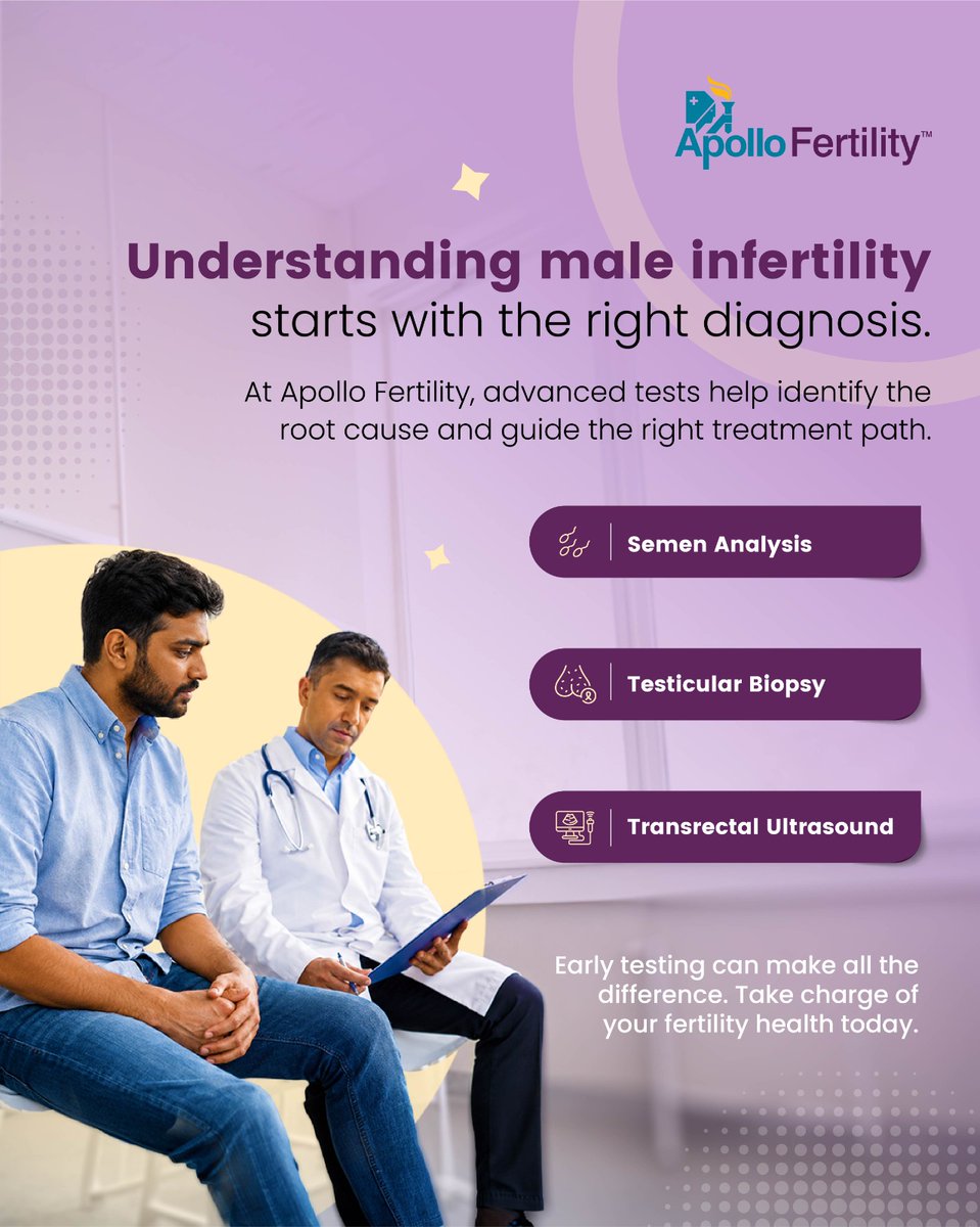 ApolloFertility's tweet photo. Male infertility is more common than many realize. The right diagnosis can make all the difference.

At Apollo Fertility, advanced tests help identify the cause and guide the right treatment path. 

#ApolloFertility #MaleInfertility #FertilityTesting #MensHealth #FertilityCare https://t.co/7rjlfghe6I