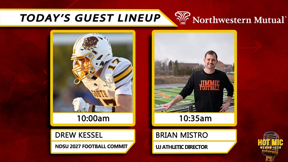 HotMicWDAY's tweet photo. We have a packed show for you on this Tuesday morning! 
9:20 am - @JakeSchaffner3 
9:35 am - @McFeely_Inforum 
10:00 am - @DrewKessel5 
10:35 am - @Coach_Mistro 

📺WDAY Xtra, KSFL-TV
📲 https://t.co/wR2oXl06MR
📧dizzo@wday.com https://t.co/bJWnzoRWCA
