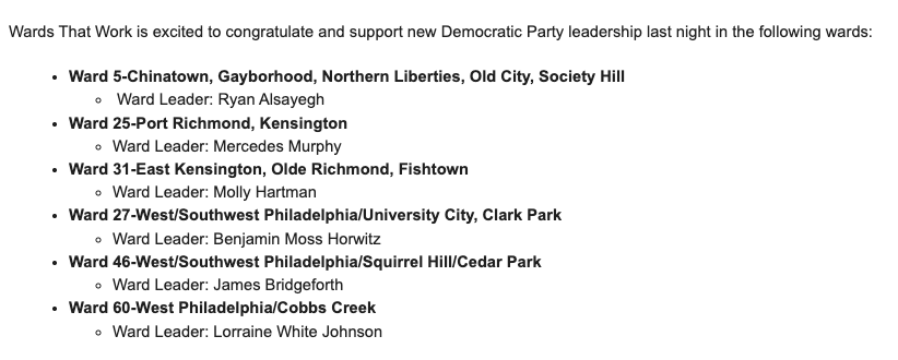 StephenJ_Caruso's tweet photo. Inbox: Wards That Work, a Philly Democratic Party reform coalition that wants a more responsive and accountable party structure, says candidates they support have won the chairmanship in six additional wards. https://t.co/l9MbrBAzau