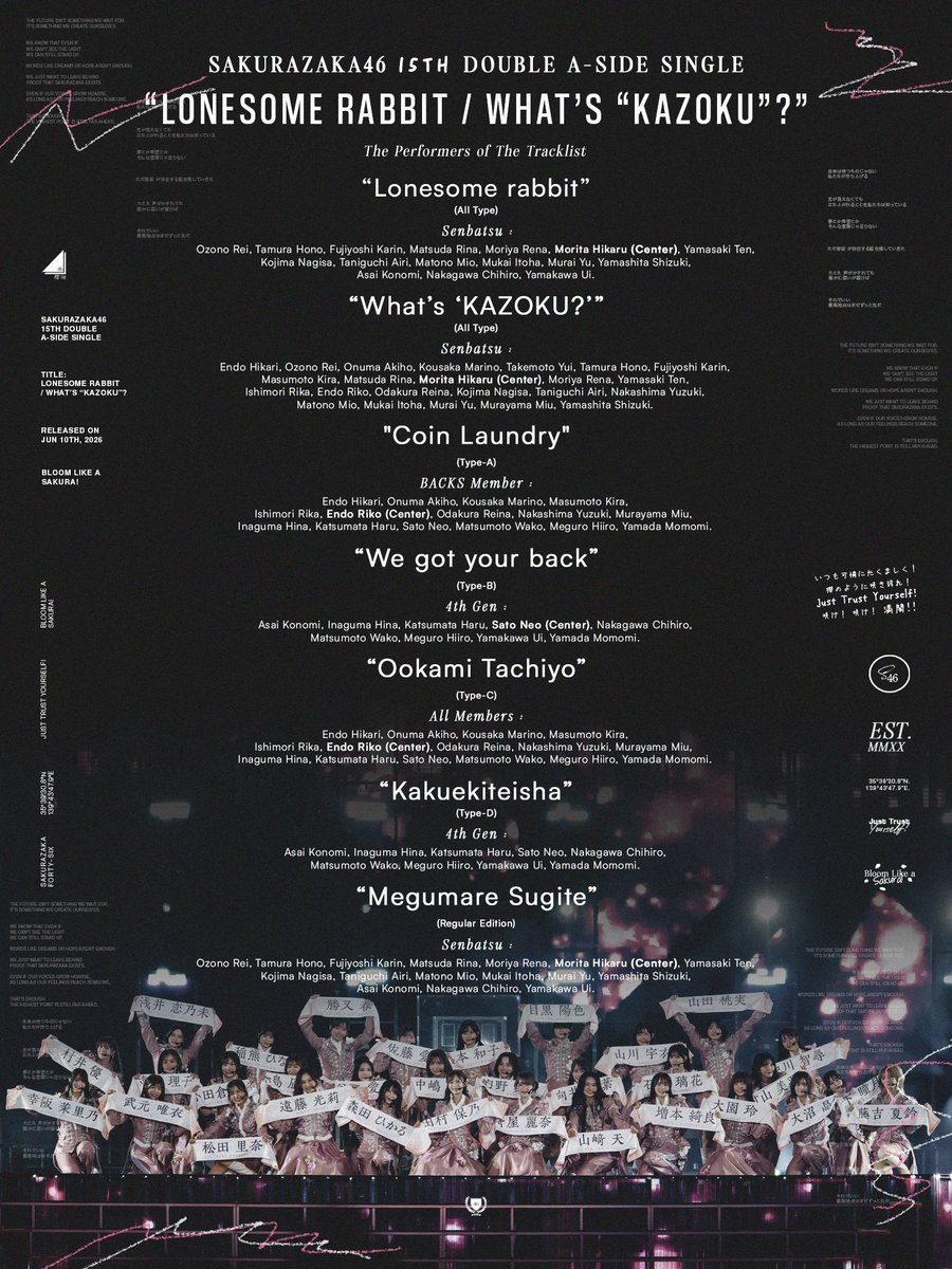 46FansINA's tweet photo. Sakurazaka has announced the performers of the tracklist of their 15th Double A-Side Single "Lonesome rabbit / What's 'KAZOKU'?", which will be released on June 10th 🤍🌸

M01. Lonesome Rabbit (Senbatsu / All Type)
M02. What's “KAZOKU”? (Senbatsu / All Type)
M03. Coin Laundry (BACKS / Type A)
M04. We got your back (4th gen / Type B)
M05. Ookami Tachiyo (BACKS / Type C)
M06. Kakuekiteisha (4th Gen / Type D)
M07. Megumare Sugite (Senbatsu / Reg Edition)

#櫻坂46
#櫻坂46_Lonesomerabbit
#櫻坂46_WhatsKAZOKU