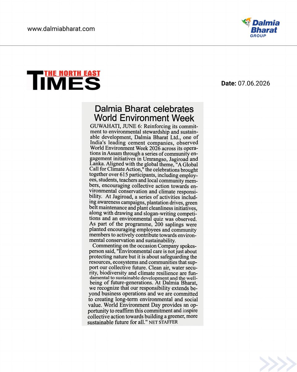 DalmiaBharat's tweet photo. #DalmiaBharat #Sustainability #CorporateResponsibility #MediaCoverage https://t.co/t3bnXQq2NA