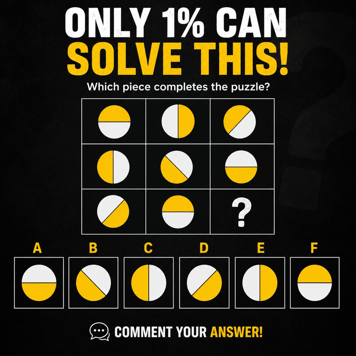 saabmarvel's tweet photo. Only a few people will actually get this right 👀
Take your time, study the pattern… and drop your answer below before you scroll away.
No hints. No mercy. Just logic.
#Puzzle #BrainTeaser #Only1Percent #ThinkFast #MindGame #RiddleMeThis #LogicPuzzle #ChallengeYourMind #XChallenge #EngagementPost