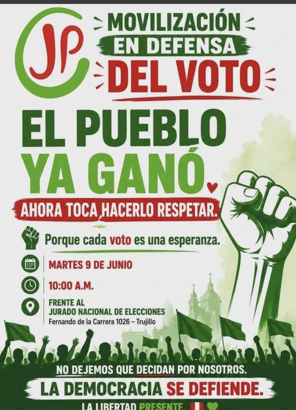 Malapalabrero's tweet photo. Movilización en defensa del voto. Hoy 9 de junio - 10 a.m  Frente al JNE https://t.co/oSKiEjxNJH