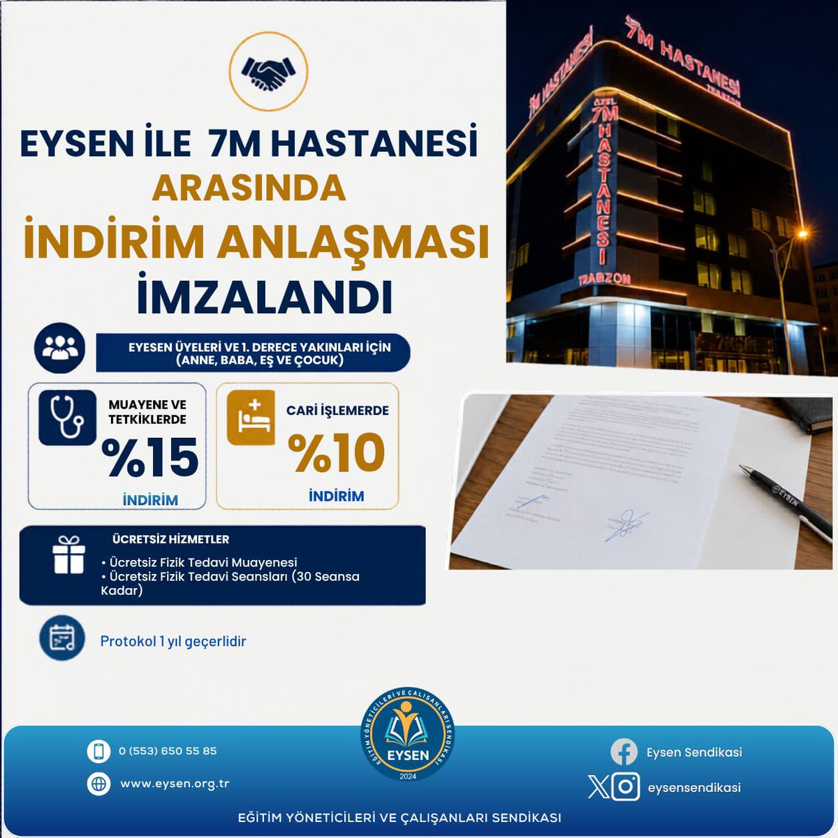 eysensendikasi's tweet photo. EYSEN’den üyelerine sağlık alanında yeni bir avantaj.

Trabzon Özel 7M Hastanesi ile yapılan indirim protokolü kapsamında;

✓ Muayene ve tetkiklerde %15 indirim
✓ Cari işlem fiyatlarında %10 indirim
✓ Fizik tedavi muayenesi ücretsiz
✓ Belirlenen kapsamda fizik tedavi seanslarında avantaj
✓ Üyelerimiz ve 1. derece yakınları yararlanabilir
✓ Kurum/personel kartı ve kimlik ibrazı yeterlidir

Üyelerimize ve teşkilatımıza hayırlı olsun.