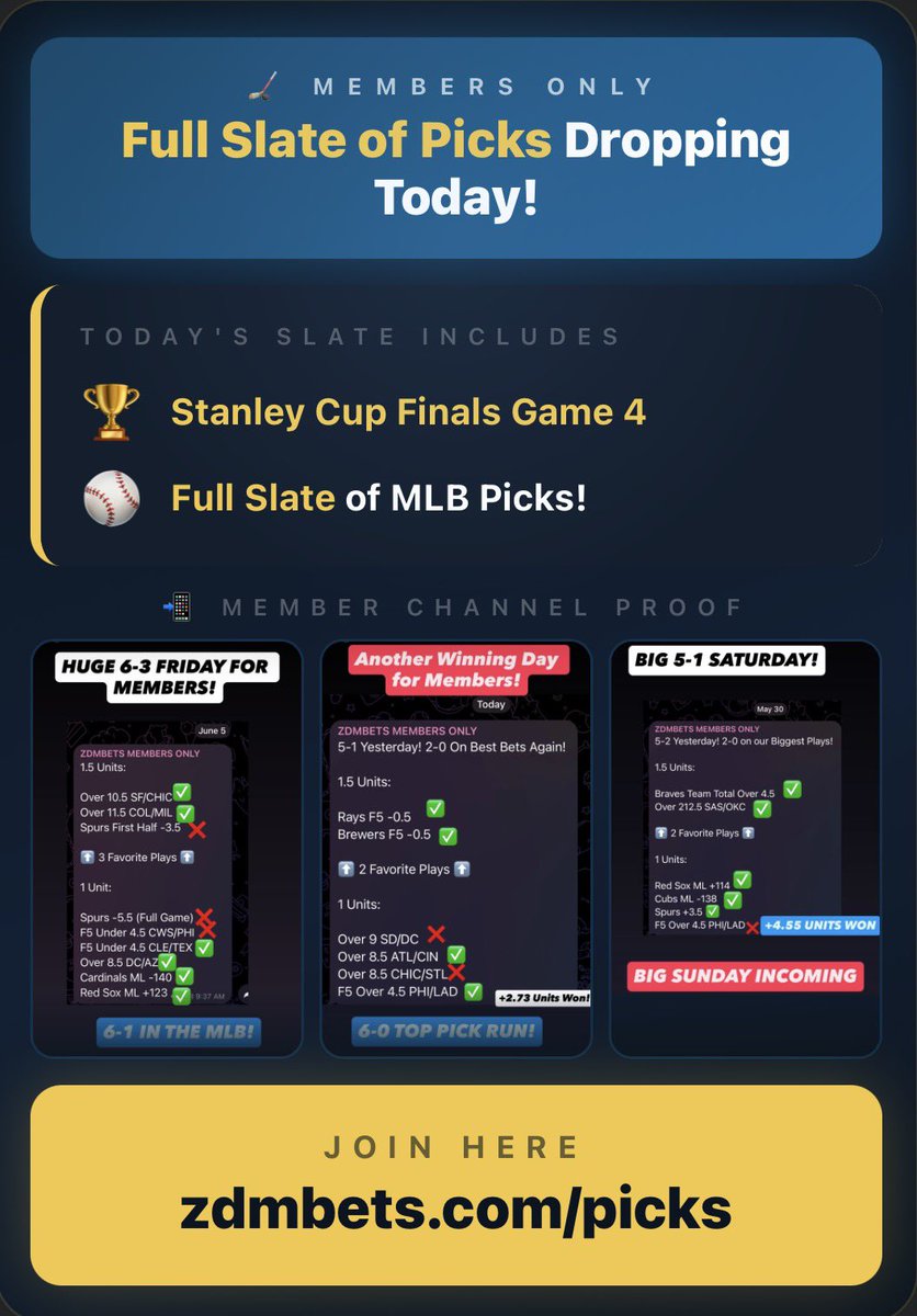ZDM_Bets's tweet photo. FULL SLATE OF PICKS FOR MEMBERS TODAY! 

JOIN TODAY! https://t.co/zrQuXert61 https://t.co/37k3z10MUq