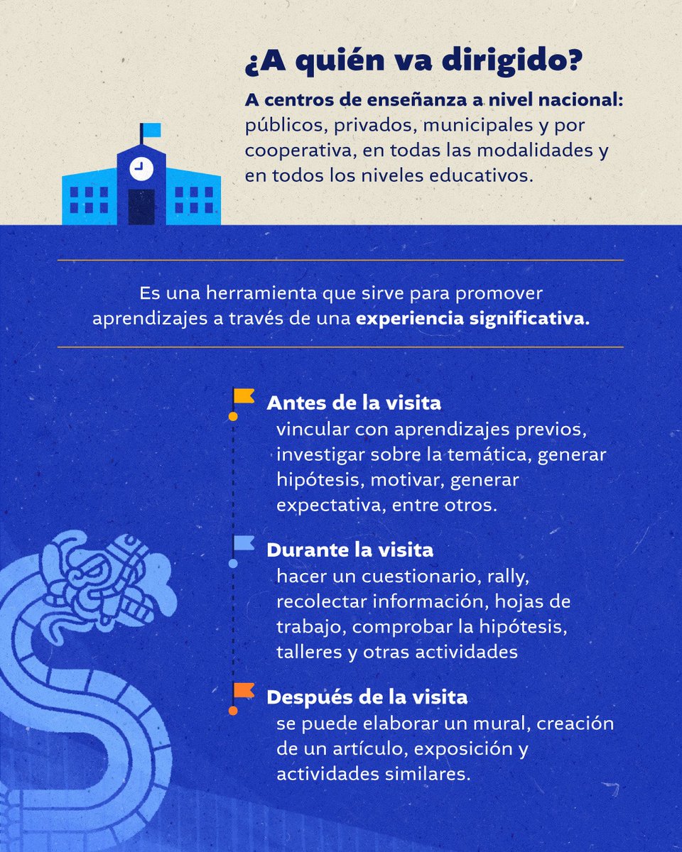 MineducGT's tweet photo. 🚌🏛️ ¡Tu centro educativo puede vivir una experiencia única!

Con #MiEscuelaViajaAlMuseo, estudiantes de centros educativos públicos, privados, municipales, por cooperativa y de educación extraescolar pueden visitar museos y sitios arqueológicos.

🗓️ Planifica tu visita 👉 https://t.co/CP1NG5XM1s

#Mineduc
#MiEscuelaAlMuseo