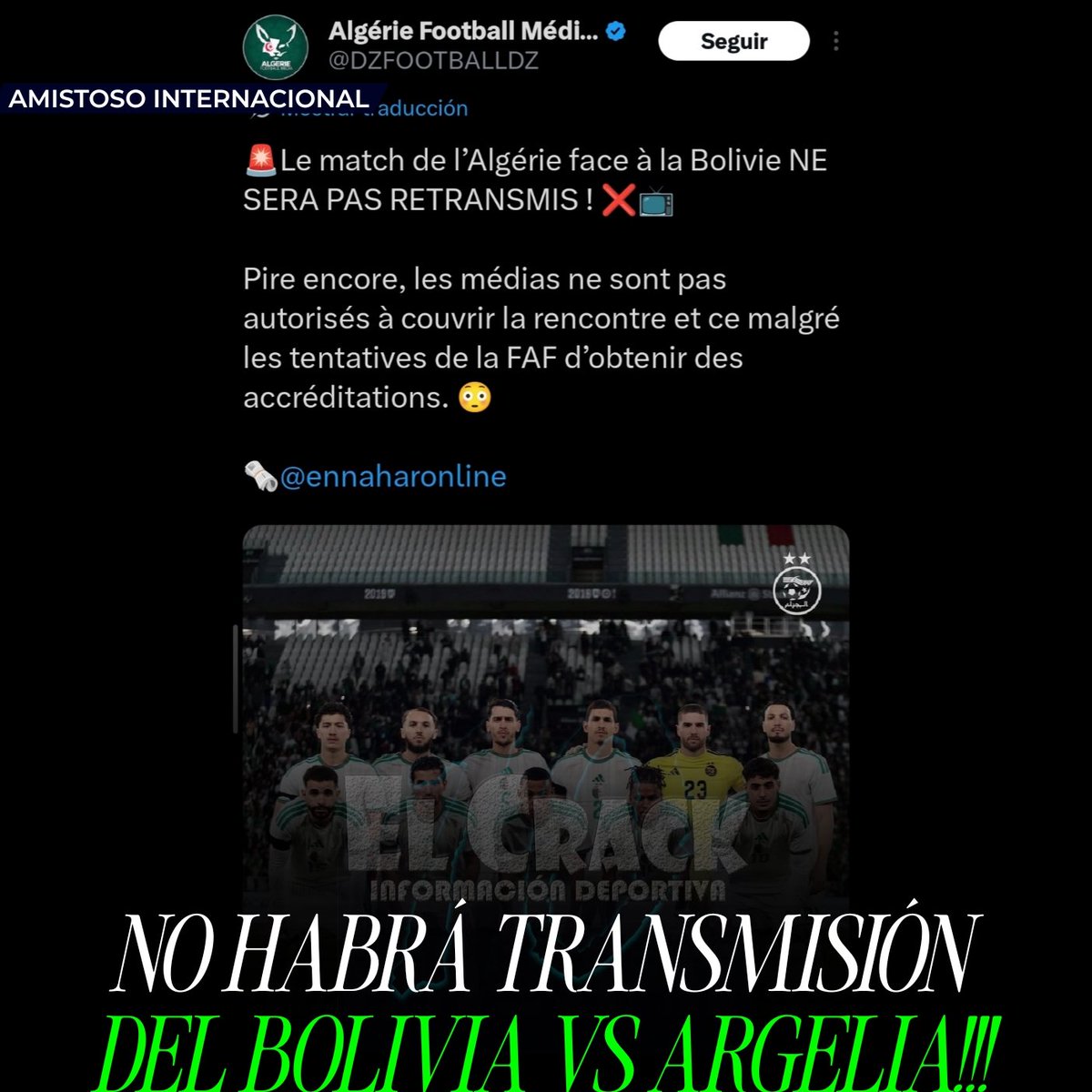 KinioCrack's tweet photo. #AmistosoInternacional | El amistoso entre Bolivia y Argelia no será televisado!!!

#Argelia vs #Bolivia - miércoles 10 de junio 20:00

#ElCrack https://t.co/wY0VBaRNqh