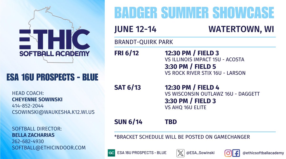 ESA_Harrold's tweet photo. Game Schedule for the Badger Summer Showcase in📍Watertown, WI!! 💥

@Lily_Woida17 @SarahOrlowski17 @AveryS41179 @ashlee_barry17 @kinleeabell2027 @sydneyy_york @Elise_warnock @ryleighboughner @ElsaJensen5050 https://t.co/S1WOwoFUvN