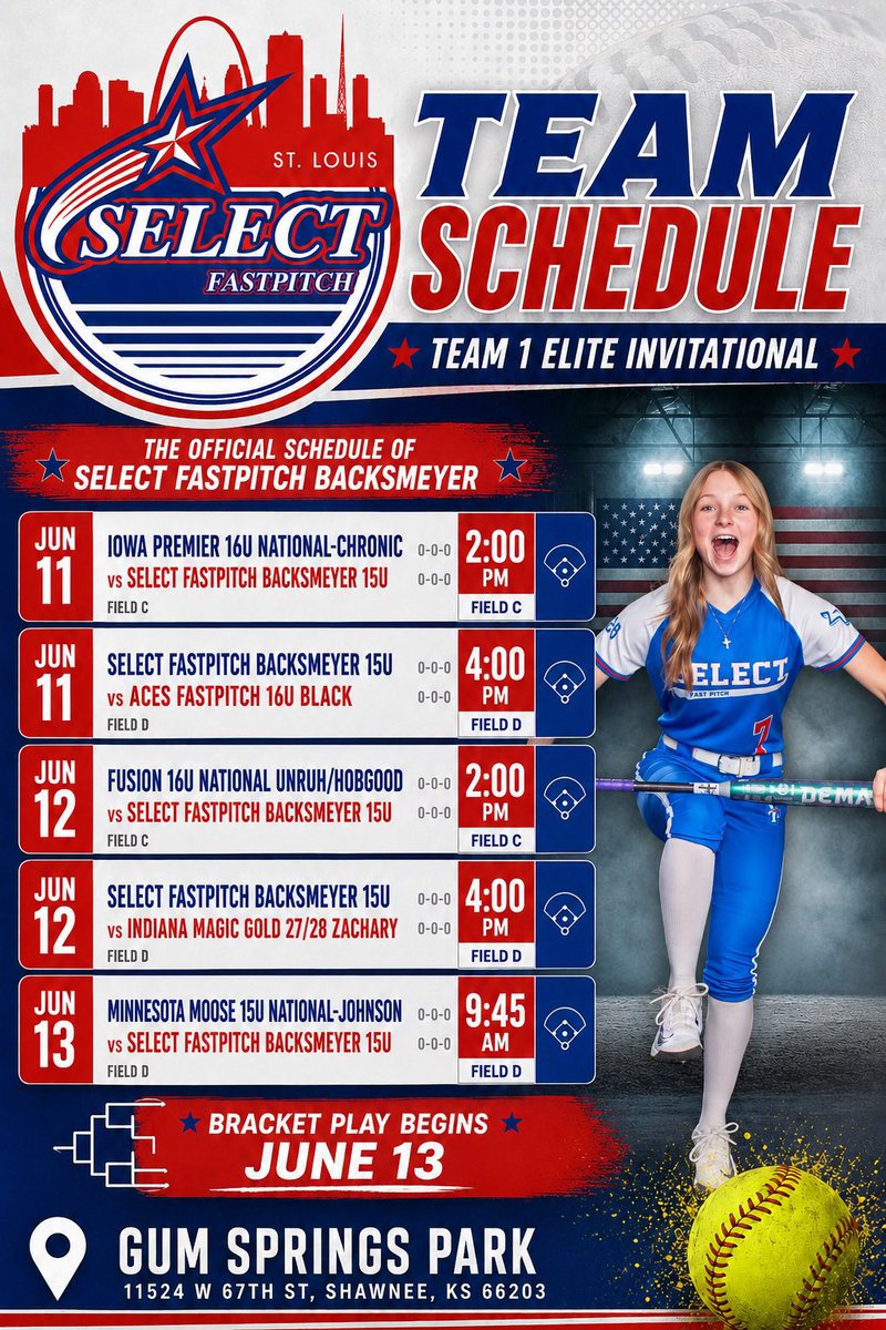 GracieKW2028's tweet photo. We are playing in KC this weekend in the Team1 Elite Invitational! Our schedule starts at 2:00pm on Thursday. Hope to see you there!! 

📍Gum Springs Park 11524 W. 67th St.  Shawnee, KS 

@ejonesrockchalk @SelectFP_Backs 
@SBRRetweets @CoastRecruitsSB @CoastRecruits @DirectRecruits @tagupSoftball @SoftbalAmerica @LegacyLegendsS1 @Team1_fastpitch