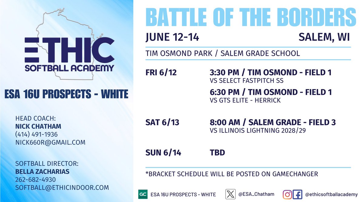 ESA_KBaker's tweet photo. Game Schedule for the Battle of the Borders in📍Salem, WI!! 💥

@JaycieAnderson_ @chatjord12_8 @McKenna_B24 @Browne_Chiara @KourtneyKehoss @makennabest2028 @MollyOBrien2029 @AllieMarks2028 @LilyOBrien2029 https://t.co/Zb5NCGknA7
